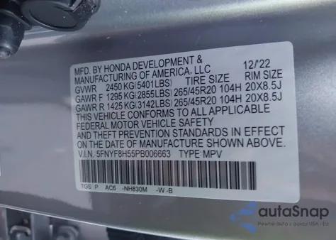 2023 Honda Passport Awd Ex-L from USA, damaged, VIN 5FNYF8H55PB006663